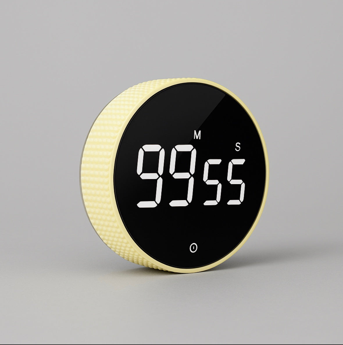 Digital timer with a pastel yellow dial